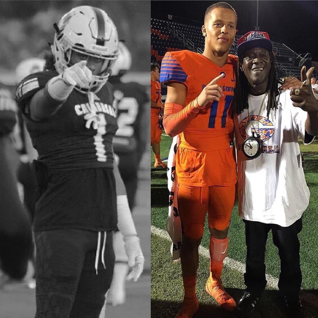 Bishop Gorman #11 with Flavor Flav on the field, Las Vegas. A documented sideline moment — not a cosign.